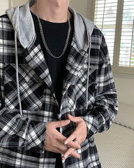 Black Plaid Two-Pieces Illusion Hooded Jacket