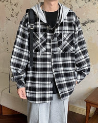 Black Plaid Two-Pieces Illusion Hooded Jacket