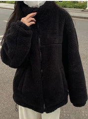 Black Plush Zipper Winter Jacket
