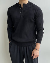 Black Ribbed Half-Buttoned T-Shirt