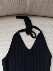 Black Ribbed V-Neck Halter Top