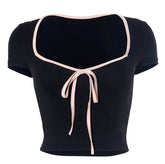 Black Ribbon Cropped T-Shirt With Beige Lining