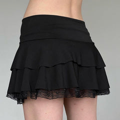 Black Ribbon Tiered Ruffles Lace Skirt