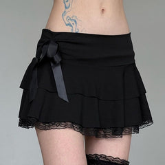 Black Ribbon Tiered Ruffles Lace Skirt