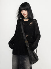 Black Ripped Style See-Through Sweater
