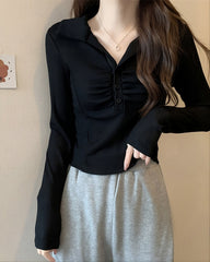 Black Ruched Long Sleeves Polo Shirt