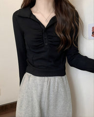 Black Ruched Long Sleeves Polo Shirt