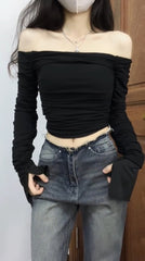 Black Ruched Off-Shoulders Top