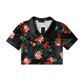 Black Satin Rose Print Crop Shirt