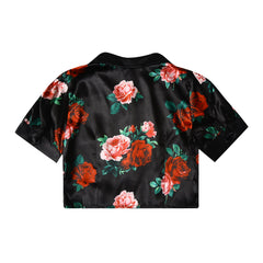 Black Satin Rose Print Crop Shirt