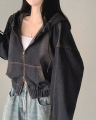 Black Short Oversized Denim Hooded Jacket