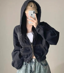 Black Short Oversized Denim Hooded Jacket