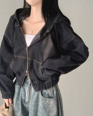 Black Short Oversized Denim Hooded Jacket