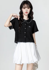 Black Short Sleeve Embroidered Bow Blouse