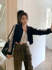 Black Sleeves Stripes Cropped Jacket