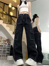 Black Square Stitch Details Pants