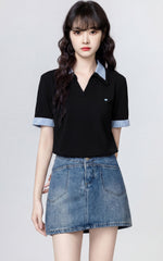 Black Striped Contrast Collar Casual T Shirt