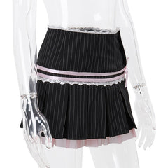 Black Striped Lace Accent Pleated Skirt