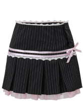 Black Striped Lace Accent Pleated Skirt