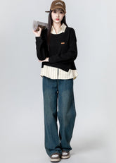 Black Striped Patchwork Polo Sweatshirt Top