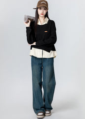 Black Striped Patchwork Polo Sweatshirt Top