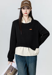 Black Striped Patchwork Polo Sweatshirt Top