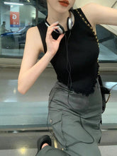 Black Triangle Tassel Edged Ribbed Top