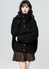 Black Turtleneck Horn Button Loose Knit Cardigan Jacket