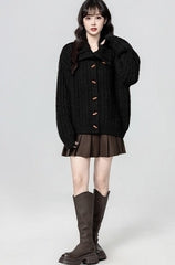 Black Turtleneck Horn Button Loose Knit Cardigan Jacket