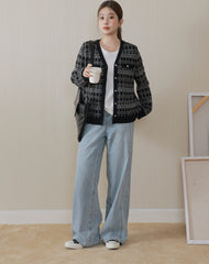 Black Tweed Vintage Plaid Knit Cardigan