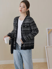 Black Tweed Vintage Plaid Knit Cardigan