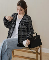 Black Tweed Vintage Plaid Knit Cardigan