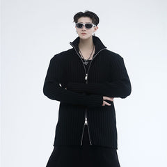 Black Two-Way Zipper Ribbed Sweater