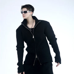 Black Two-Way Zipper Ribbed Sweater