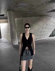 Black V-Neck Buttoned Front Slit Top