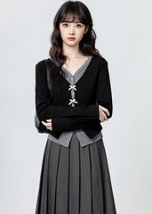 Black V Neck Long Sleeve Bow Design Slim Top