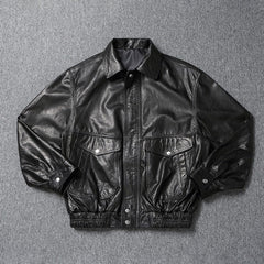 Black Vintage Collared Leather Jacket