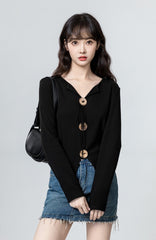 Black Vneck Irregular Long Sleeve Shirt