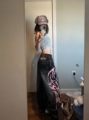 Black Washed Denim Tribal Print Jeans