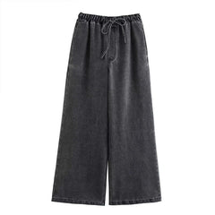Black Washed Denim Wide Legs Pants