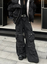 Black Washed Multi-Pockets Cargo Jeans