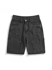 Black Wide-Leg Patched Denim Shorts