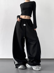 Black Wide Leg Side Stripes Work-Out Pants