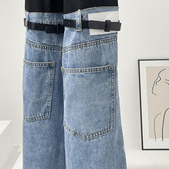 Blue And Black Buckled Jeans Illusion Pants