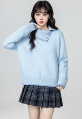 Blue Asymmetric Collar Knit Sweater Top