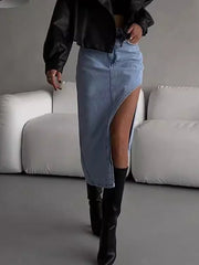 Blue Asymmetric Split Denim Skirt