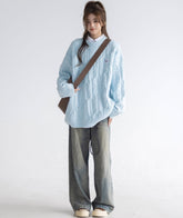 Blue Cable Knit Sweater Cozy Korean Style Pullover