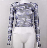 Blue Camouflage Mesh Cropped Top