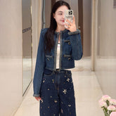 Blue Chain-Trim Denim Crop Jacket
