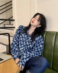 Blue Checkered Puff Sleeves Denim Jacket